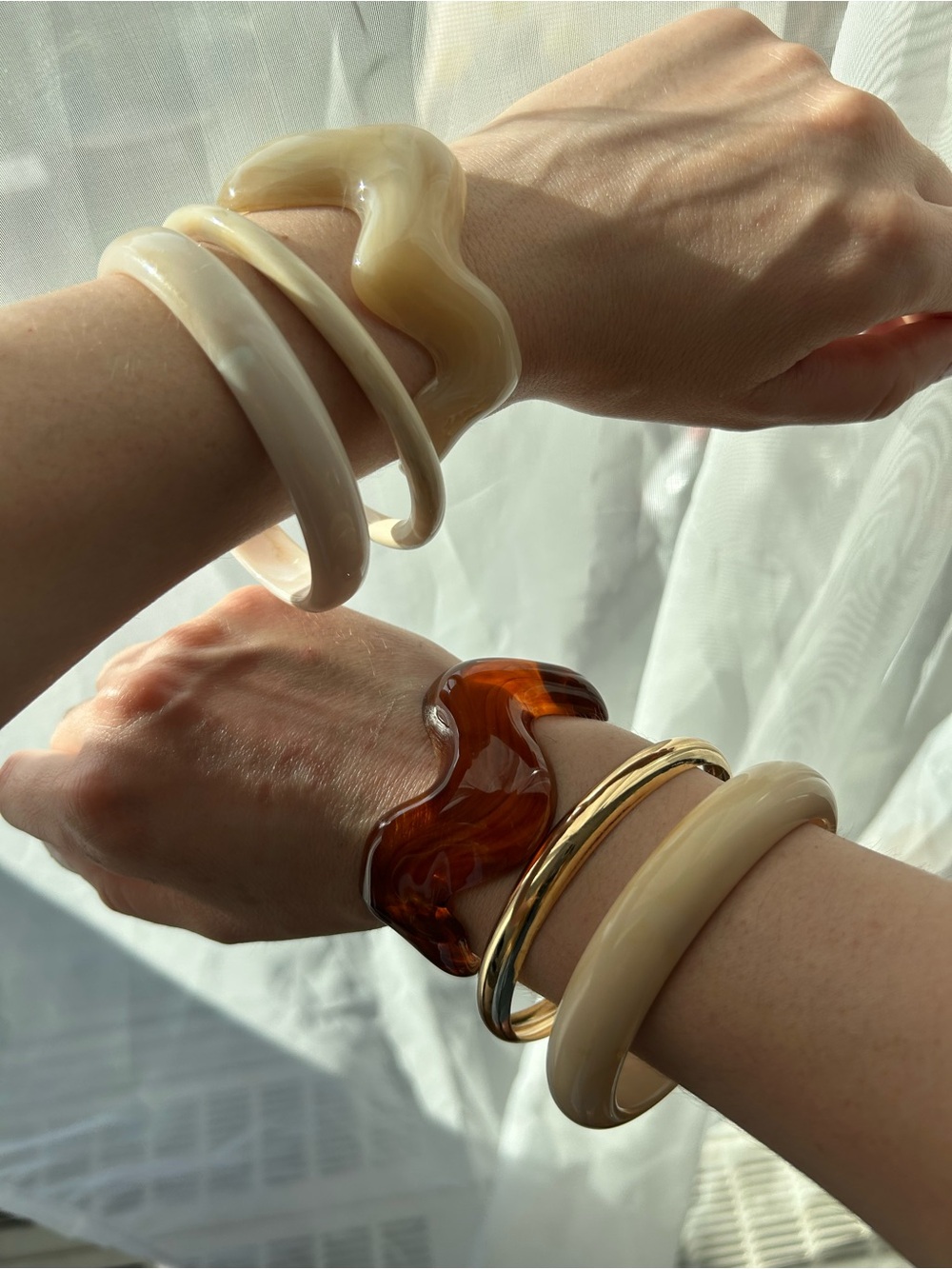Set of Sculpted Resin & Gold Tone Bangle Bracelets - Amber & Cream